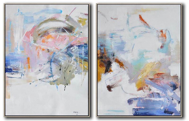 Set Of 2 Abstract Oil Painting On Canvas,Original Art,White,Grey,Pink,Blue,Yellow